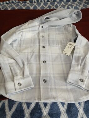 Kids Hooded Button-Up Shirt Jacket in Light Blue Plaid